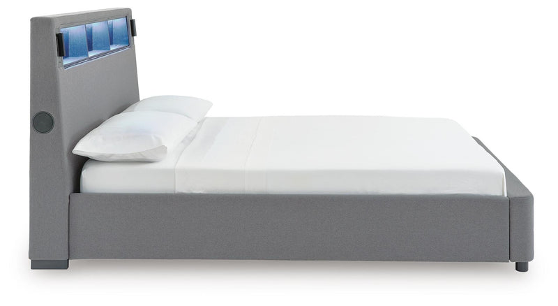 Finigale Gray California King Upholstered Bed with Wireless Audio - PCB2721B22