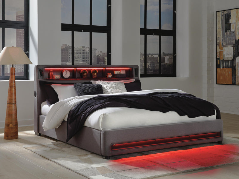 Finigale Gray King Upholstered Bed with Wireless Audio - PCB2721B21