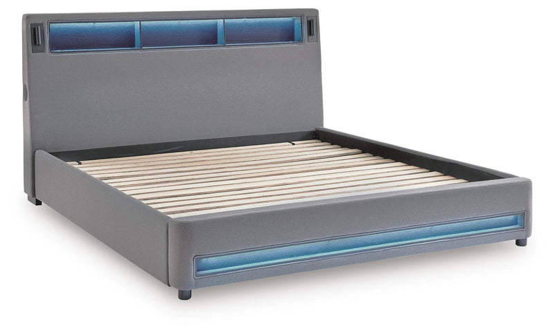 Finigale Gray King Upholstered Bed with Wireless Audio - PCB2721B21