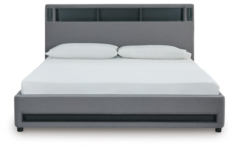 Finigale Gray King Upholstered Bed with Wireless Audio - PCB2721B21
