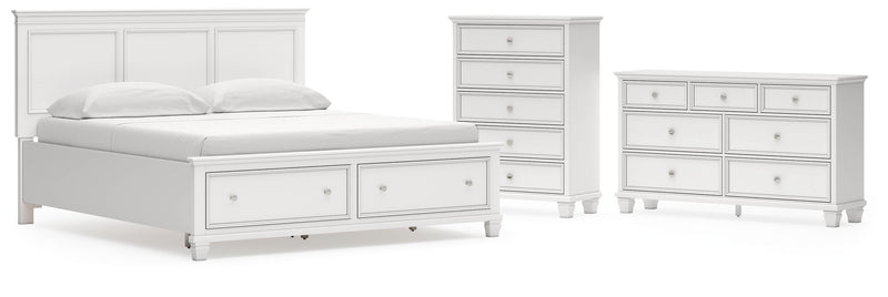 Fortman California King Panel Storage Bed, Dresser and Chest in White - PKG023784