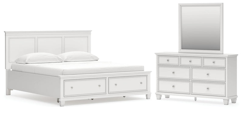 Fortman California King Panel Storage Bed, Dresser and Mirror in White - PKG023781