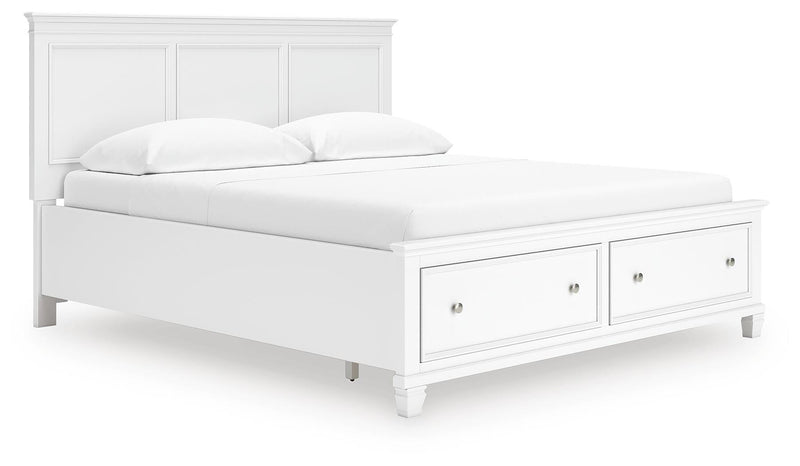 Fortman California King Panel Storage Bed, Dresser, Mirror and Nightstand in White - PKG023782