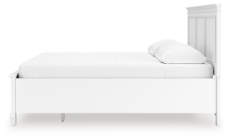 Fortman California King Panel Storage Bed, Dresser, Mirror and Nightstand in White - PKG023782