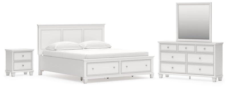 Fortman California King Panel Storage Bed, Dresser, Mirror and Nightstand in White - PKG023782