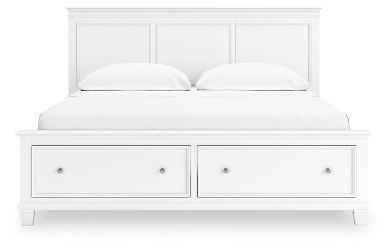 Fortman California King Panel Storage Bed, Dresser, Mirror and Nightstand in White - PKG023782