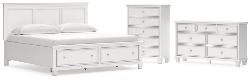 Fortman King Panel Storage Bed, Dresser and Chest in White - PKG023779