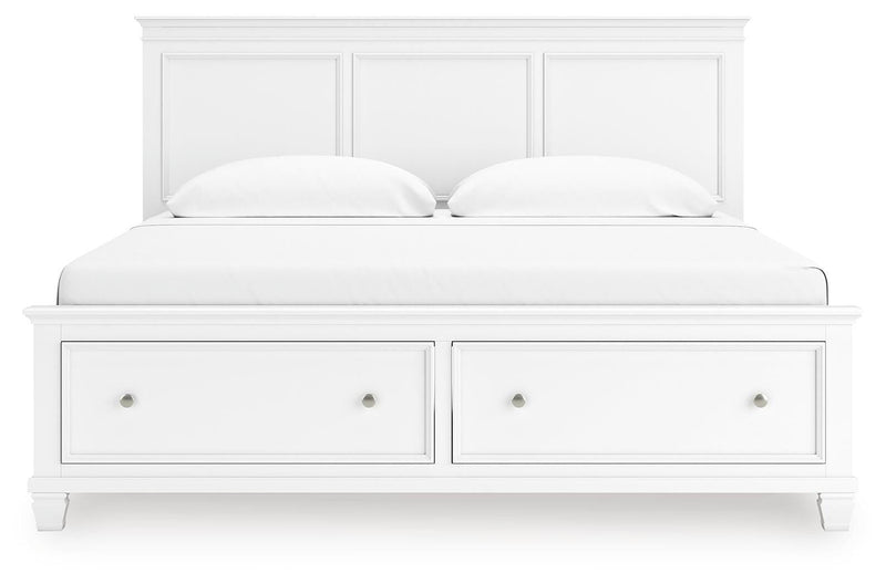 Fortman King Panel Storage Bed, Dresser and Nightstand in White - PKG023778