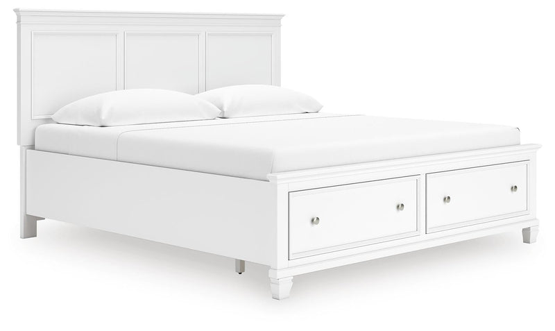 Fortman King Panel Storage Bed with Mirrored Dresser and Nightstand in White - PKG023777