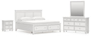 Fortman King Panel Storage Bed with Mirrored Dresser and Nightstand in White - PKG023777