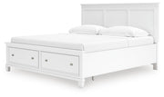 Fortman King Panel Storage Bed with Mirrored Dresser in White - PKG023776