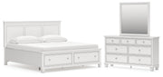 Fortman King Panel Storage Bed with Mirrored Dresser in White - PKG023776