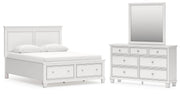 Fortman Queen Panel Storage Bed with Mirrored Dresser in White - PKG023771