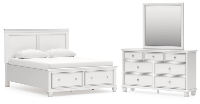Fortman Queen Panel Storage Bed with Mirrored Dresser in White - PKG023771