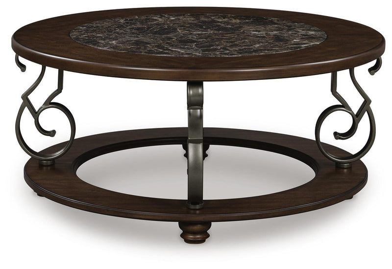 Frallyn Warm Brown Coffee Table and 2 Ends - T623T1