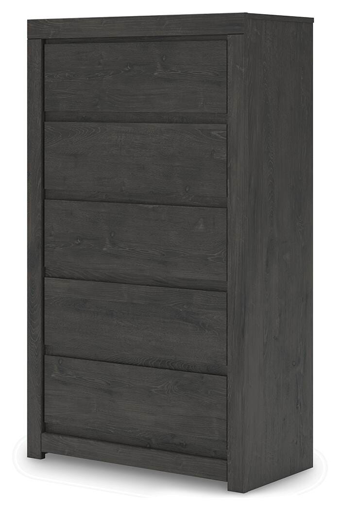Fraluna King Panel Bed, Dresser, Mirror, Chest and Nightstand in Charcoal - PKG021667