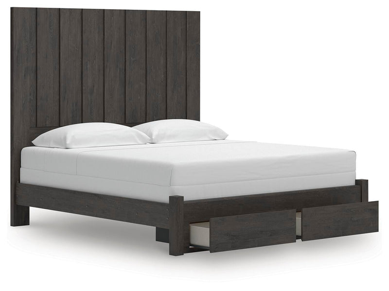 Fraluna King Panel Storage Bed, Dresser, Mirror and 2 Nightstands in Charcoal - PKG021679