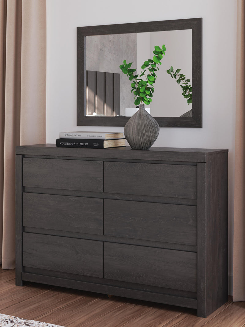 Fraluna King Panel Storage Bed, Dresser, Mirror and 2 Nightstands in Charcoal - PKG021679