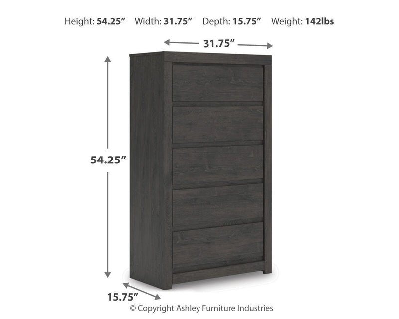 Fraluna King Panel Storage Bed, Dresser, Mirror and Chest in Charcoal - PKG021682