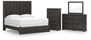 Fraluna King Panel Storage Bed, Dresser, Mirror and Chest in Charcoal - PKG021682