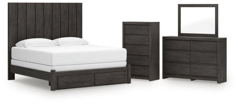 Fraluna King Panel Storage Bed, Dresser, Mirror and Chest in Charcoal - PKG021682