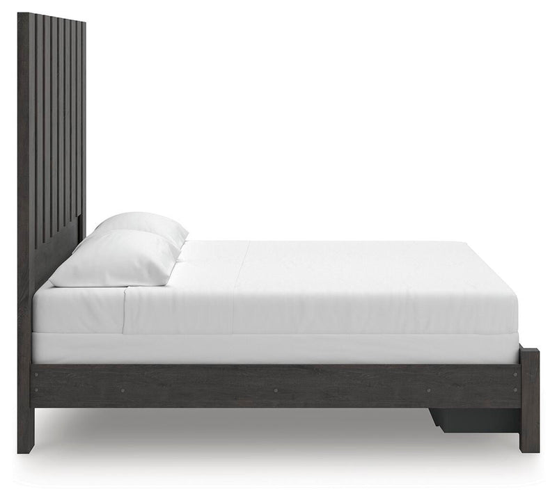 Fraluna King Panel Storage Bed, Dresser, Mirror and Nightstand in Charcoal - PKG021681