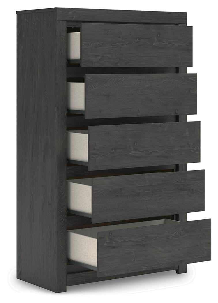 Fraluna King Panel Storage Bed, Dresser, Mirror, Chest and 2 Nightstands in Charcoal - PKG021680