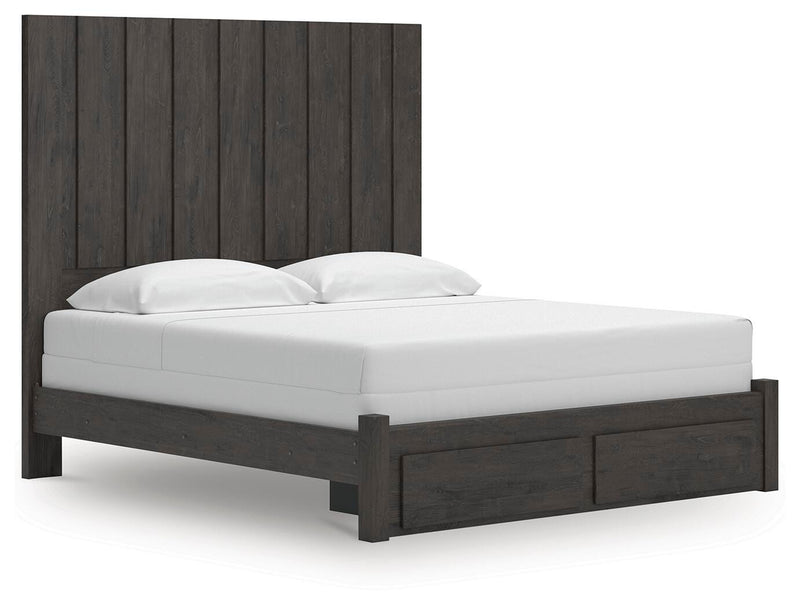 Fraluna King Panel Storage Bed, Dresser, Mirror, Chest and Nightstand in Charcoal - PKG021683