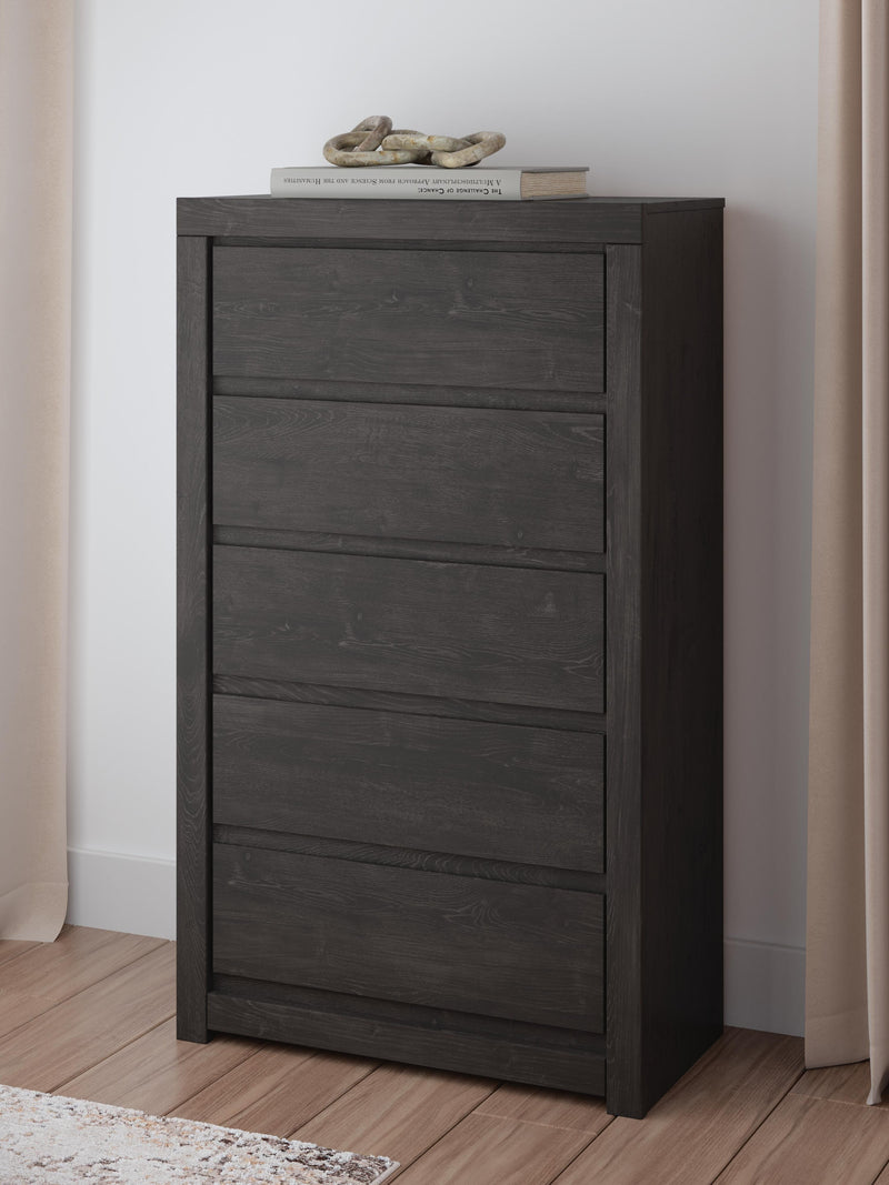 Fraluna King Panel Storage Bed, Dresser, Mirror, Chest and Nightstand in Charcoal - PKG021683