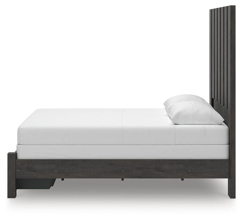 Fraluna Queen Panel Storage Bed, Dresser, Mirror and Nightstand in Charcoal - PKG021673