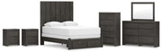 Fraluna Queen Panel Storage Bed, Dresser, Mirror, Chest and 2 Nightstands in Charcoal - PKG021672