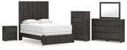 Fraluna Queen Panel Storage Bed, Dresser, Mirror, Chest and Nightstand in Charcoal - PKG021675