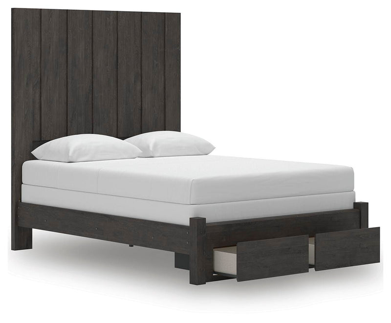 Fraluna Queen Panel Storage Bed, Dresser, Mirror, Chest and Nightstand in Charcoal - PKG021675