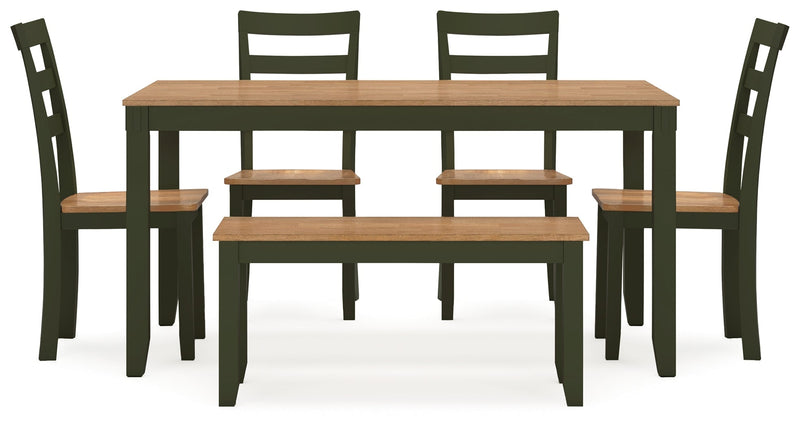 Gesthaven Natural/Green Dining Table with 4 Chairs and Bench (Set of 6) - D401-325