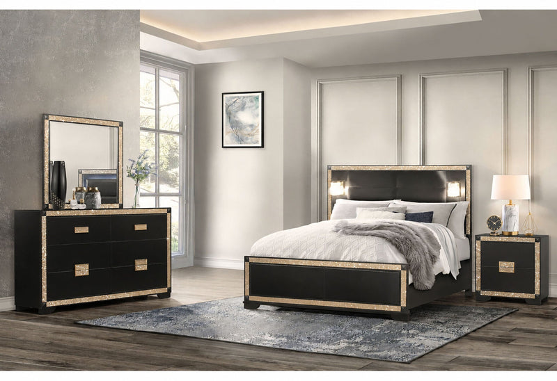 Blake Black/Gold King Bed With Lamps, Dresser, Mirror, Nightstand - BLAKE-BLACK/GOLD-KB DR MR NS