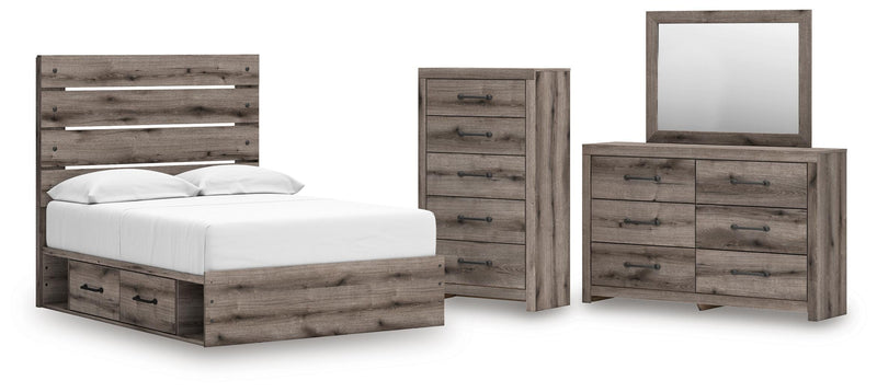 Graystorm Full Panel Storage Bed, Dresser, Mirror and Chest in Brown Gray - PKG021375
