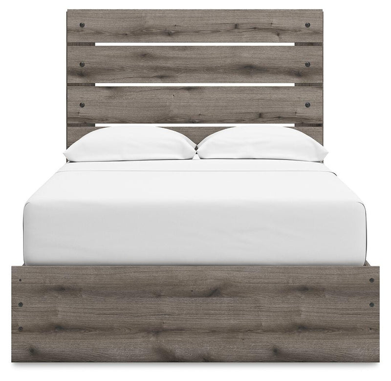 Graystorm Full Panel Storage Bed, Dresser, Mirror and Nightstand in Brown Gray - PKG021374
