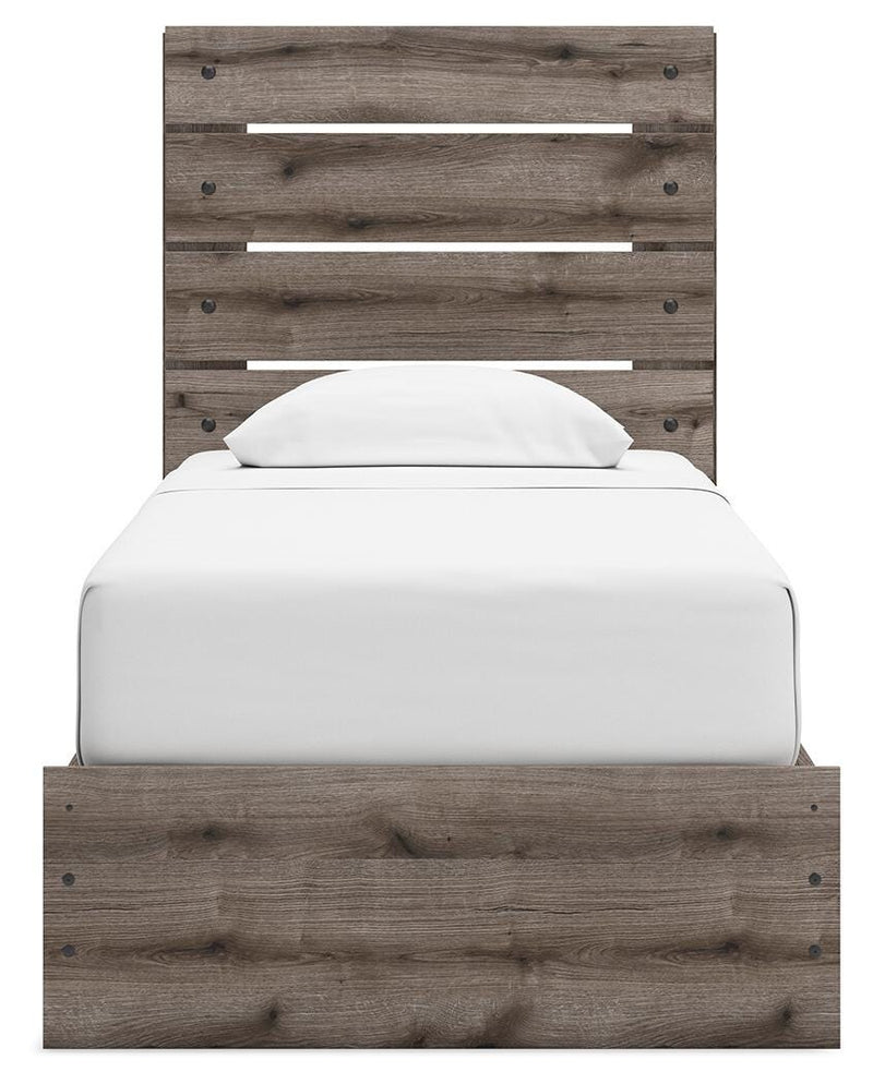 Graystorm Twin Panel Bed with Storage, Dresser and Mirror in Brown Gray - PKG021379