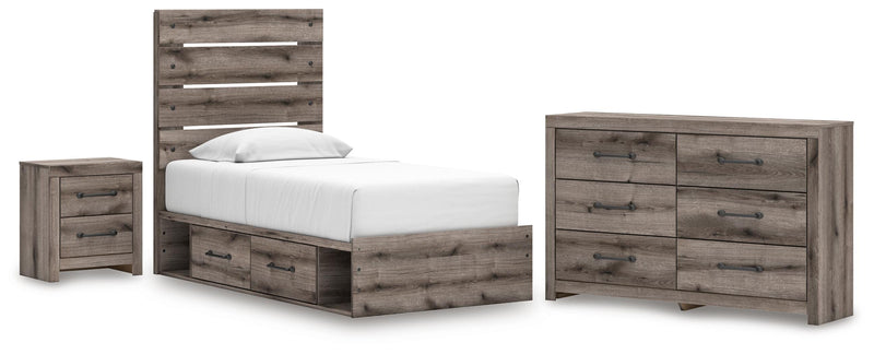 Graystorm Twin Panel Bed with Storage, Dresser and Nightstand in Brown Gray - PKG021386
