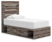 Graystorm Twin Panel Bed with Storage, Dresser, Mirror and 2 Nightstands in Brown Gray - PKG021380