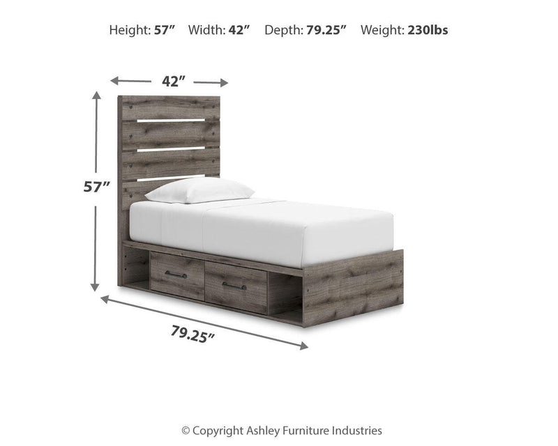 Graystorm Twin Panel Bed with Storage, Dresser, Mirror and Nightstand in Brown Gray - PKG021382