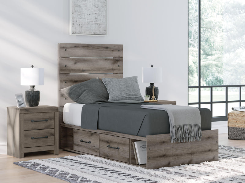 Graystorm Twin Panel Bed with Storage, Dresser, Mirror, Chest and 2 Nightstands in Brown Gray - PKG021381
