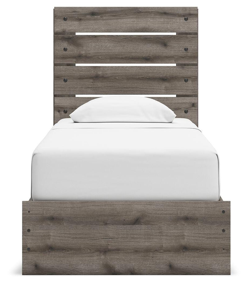 Graystorm Twin Panel Storage Bed, Dresser, Mirror and Nightstand in Brown Gray - PKG021366