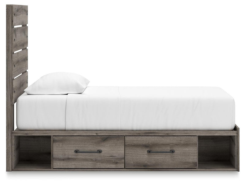 Graystorm Twin Panel Storage Bed, Dresser, Mirror, Chest and 2 Nightstands in Brown Gray - PKG021365