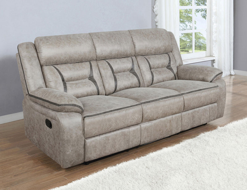 Greer Upholstered Motion Reclining Sofa Taupe - 651351