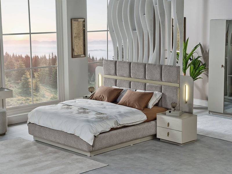 Hisar Bedroom (Queen Frame With Headboard & Dresser With Mirror & Ottoman & 2 Nightstand) - 200-MUM-HIS-150-QUE-SET