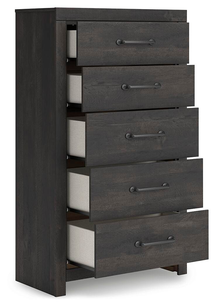 Hollivern Full Panel Storage Bed, Dresser, Mirror and Chest in Dark Gray - PKG021634