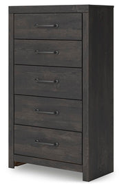 Hollivern King Panel Bed, Dresser, Mirror, Chest and 2 Nightstands in Dark Gray - PKG021616