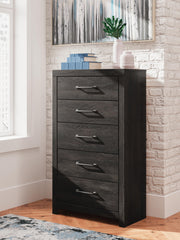 Hollivern King Panel Bed, Dresser, Mirror, Chest and Nightstand in Dark Gray - PKG021619
