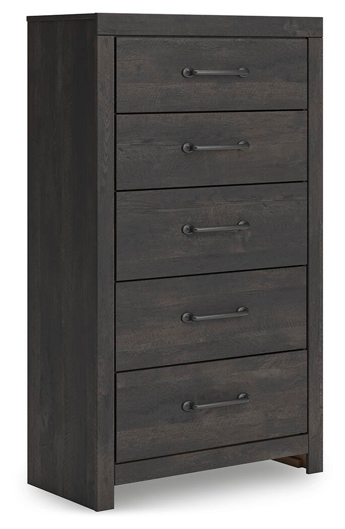 Hollivern Queen Panel Bed, Dresser, Mirror, Chest and 2 Nightstands in Dark Gray - PKG021608